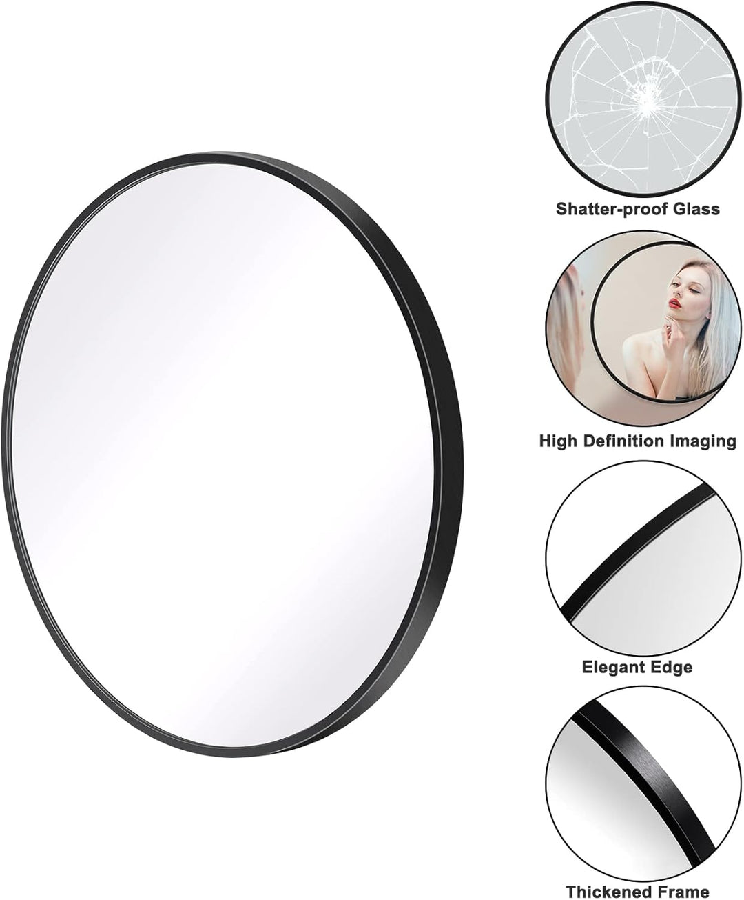 Dripex Rund Wandspiegel 50cm mit Aluminiumrahmen,dekorativer HD Wandspiegel Schminkspiegel für Badzi