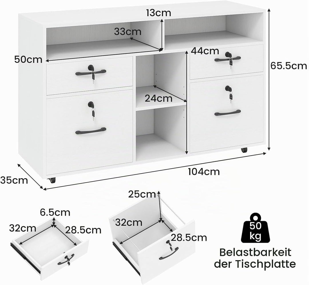 KOMFOTTEU Aktenschrank mit Rollen, Rollcontainer abschliessbar mit 4 Schubladen, Bürowagen mit verst