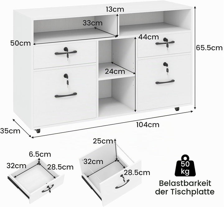 KOMFOTTEU Aktenschrank mit Rollen, Rollcontainer abschliessbar mit 4 Schubladen, Bürowagen mit verst