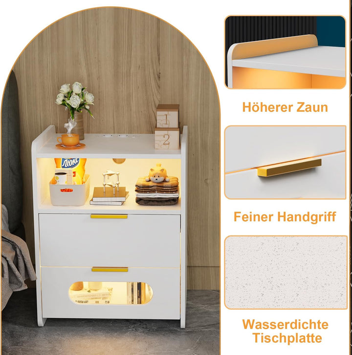Led Nachttisch 2er Set mit Ladestation, Nachtschrank mit USB-Anschlüssen, Weiss Nachttische Einstell