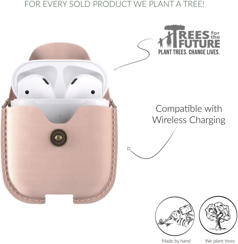Woodcessories - AirPods 1 &amp; 2 Leder Hülle mit Halskette, AirCase (Rose Nude) AirPods 1 &amp; 2 Rosa, Air