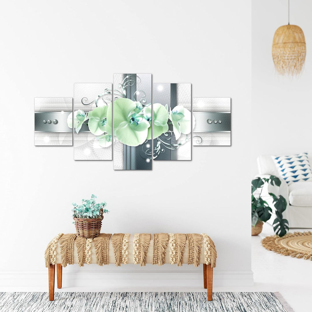 Runa Art - Bilder Blumen Orchidee 200 x 100 cm 5 Teilig XXL Wanddekoration Design Grau Türkis 008351