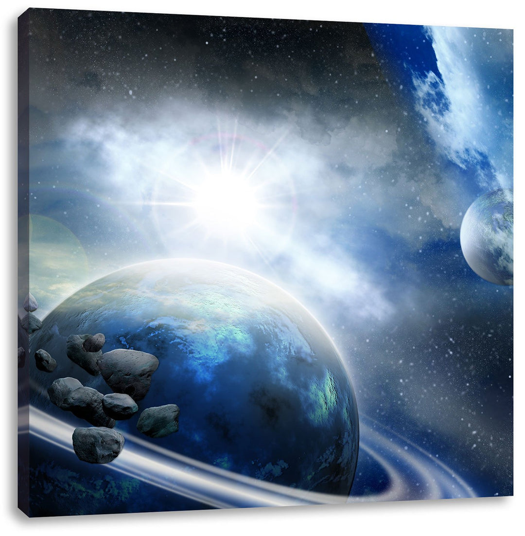 Pixxprint Planeten und Meteoriten im Weltraum, Format: 70x70 auf Leinwand, 70x70