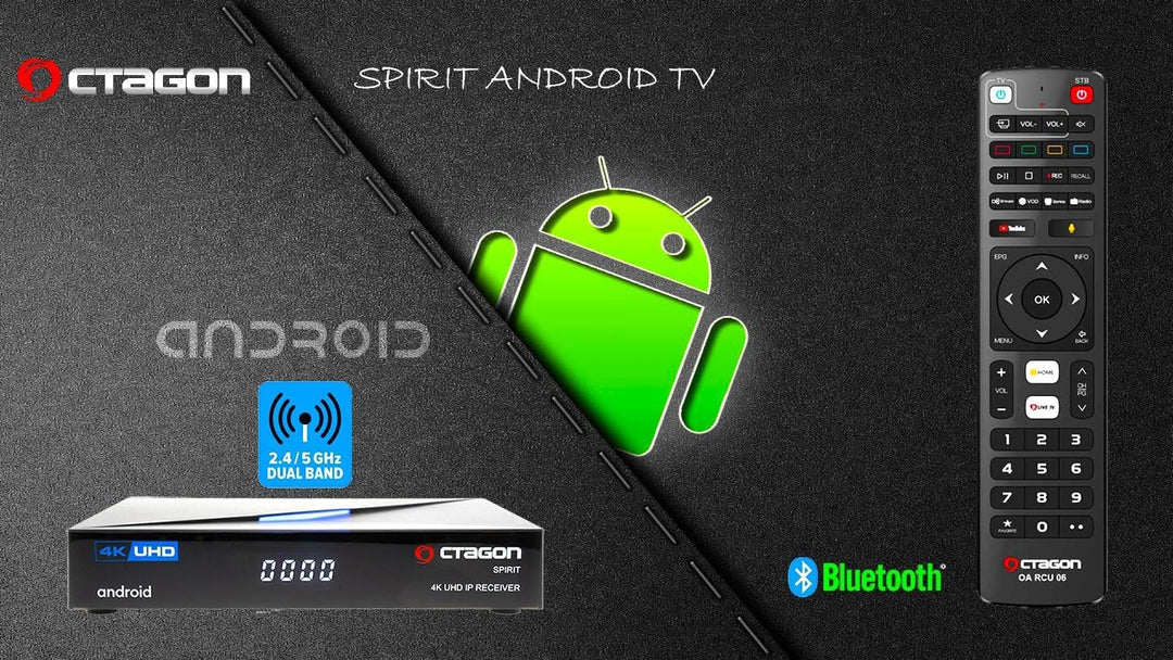 [Test SEHR GUT *] Octagon Spirit 4K UHD Android TV Box, Dual Band WiFi WLAN, Bluetooth Fernbedienung