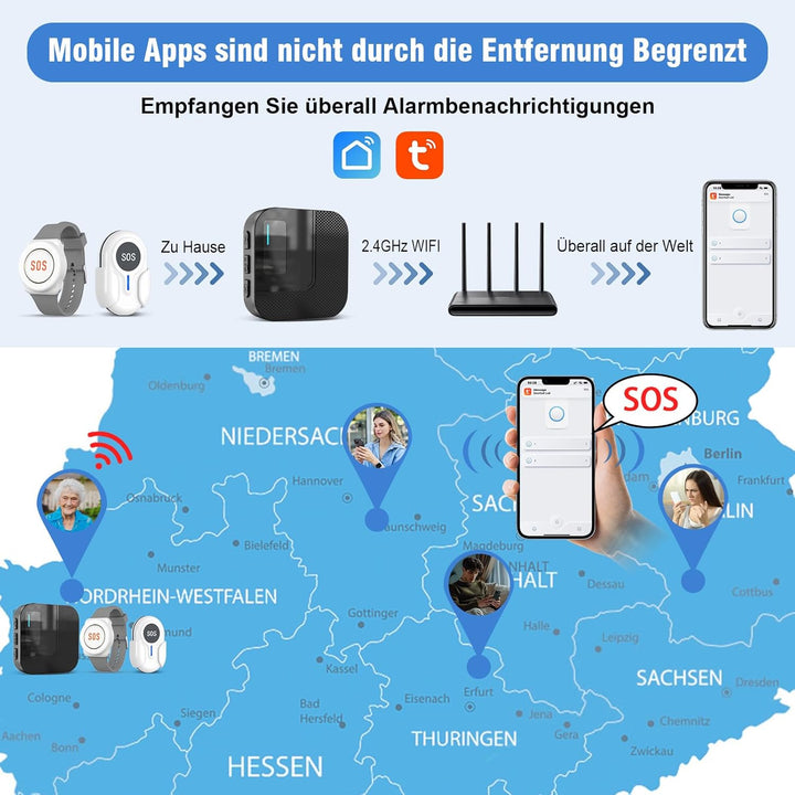 DAYTECH Notrufknopf für Senioren auf Handy, WiFi Tuya Smart Senioren Notfallknopf Alert System, Haus