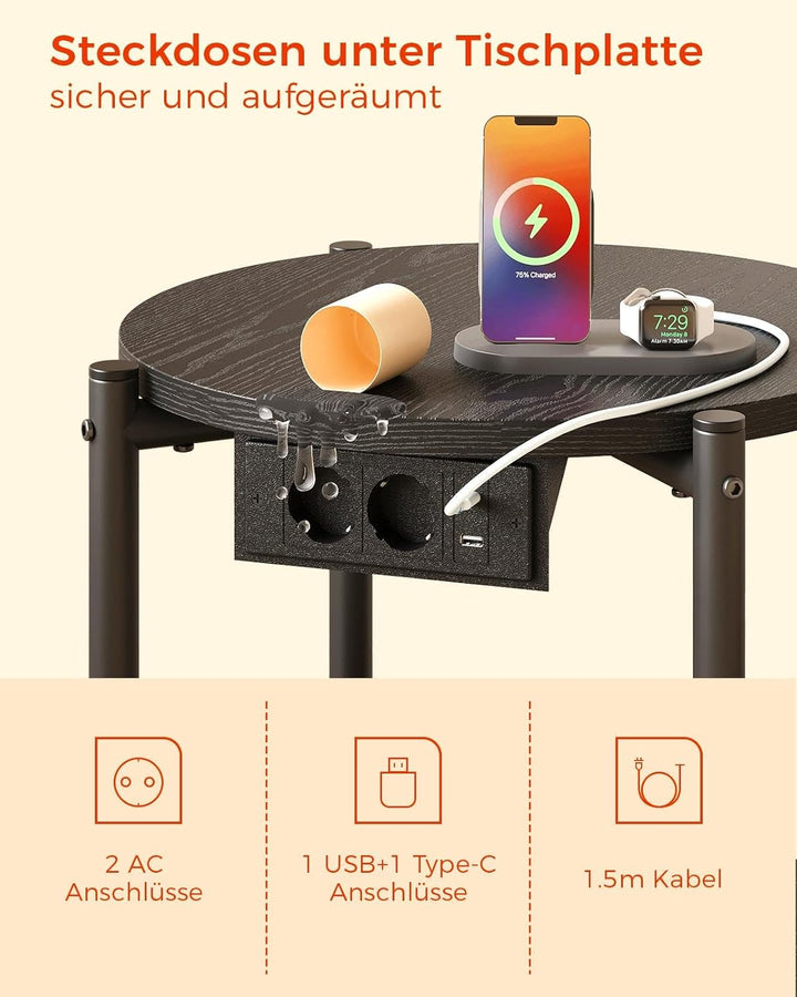 IRONCK Beistelltisch rund, Couchtisch mit Steckdose, Kleiner Tisch Holz, Wohnzimmertisch 2 Ablagen,S