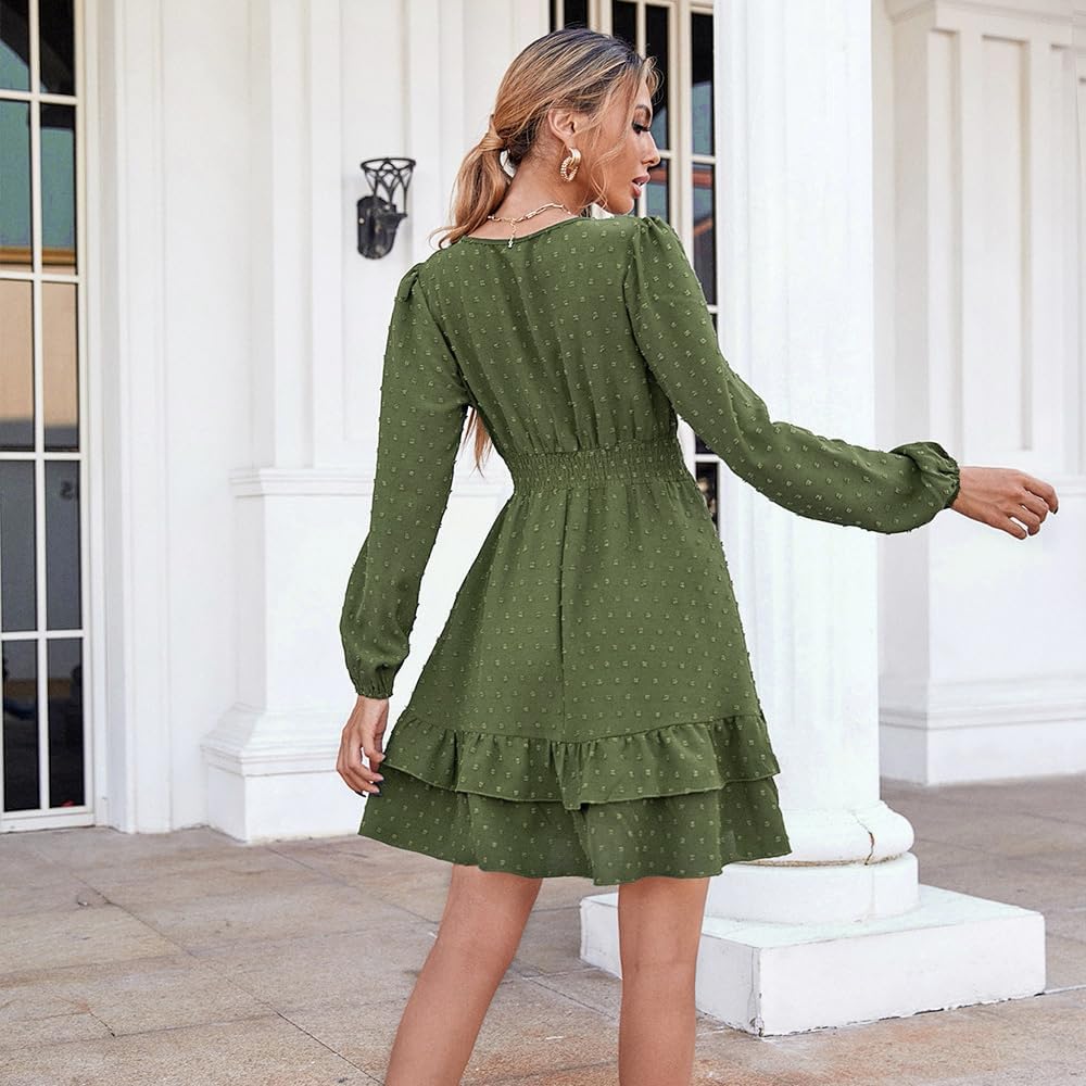 Damen Langarm Kleid V-Ausschnitt Wickelkleid Tunika Kleider Partykleid Sexy Casual Midikleid Elegant