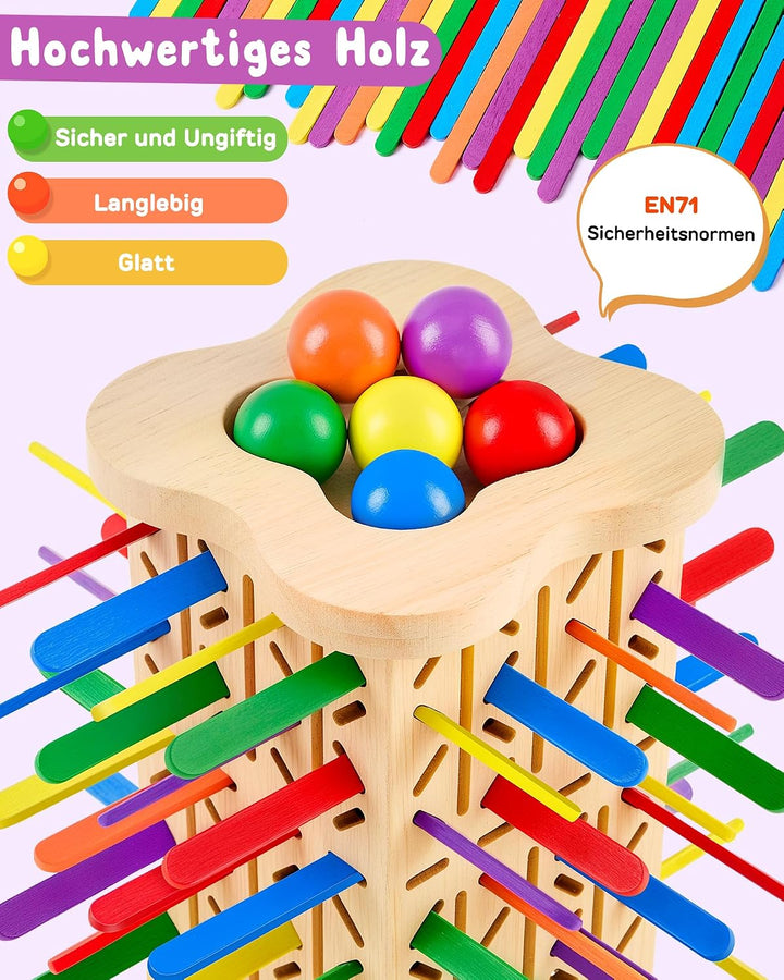 Montessori Holz Brettspiel ab 3–6 Jahre mit bunten Stäbchen & Ball | Holzspielzeug Kinder, Lernspiel