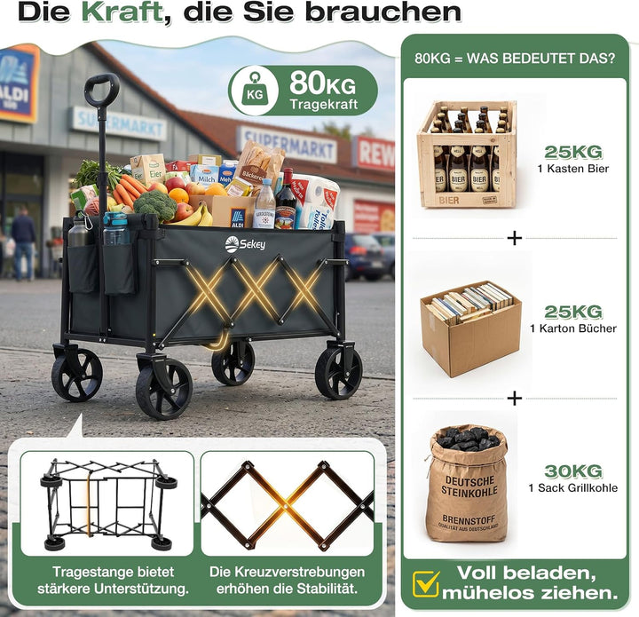 Sekey Bollerwagen Faltbar Klein 80KG, Handwagen Klappbar, Faltbarer Einkaufswagen Campingwagen mit H