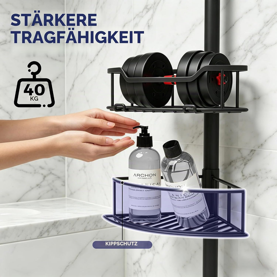 Purejoy Teleskop Duschregal Schwarz, höhenverstellbares Eckregal | ohne Bohren, rostfrei, 4 Körbe, f