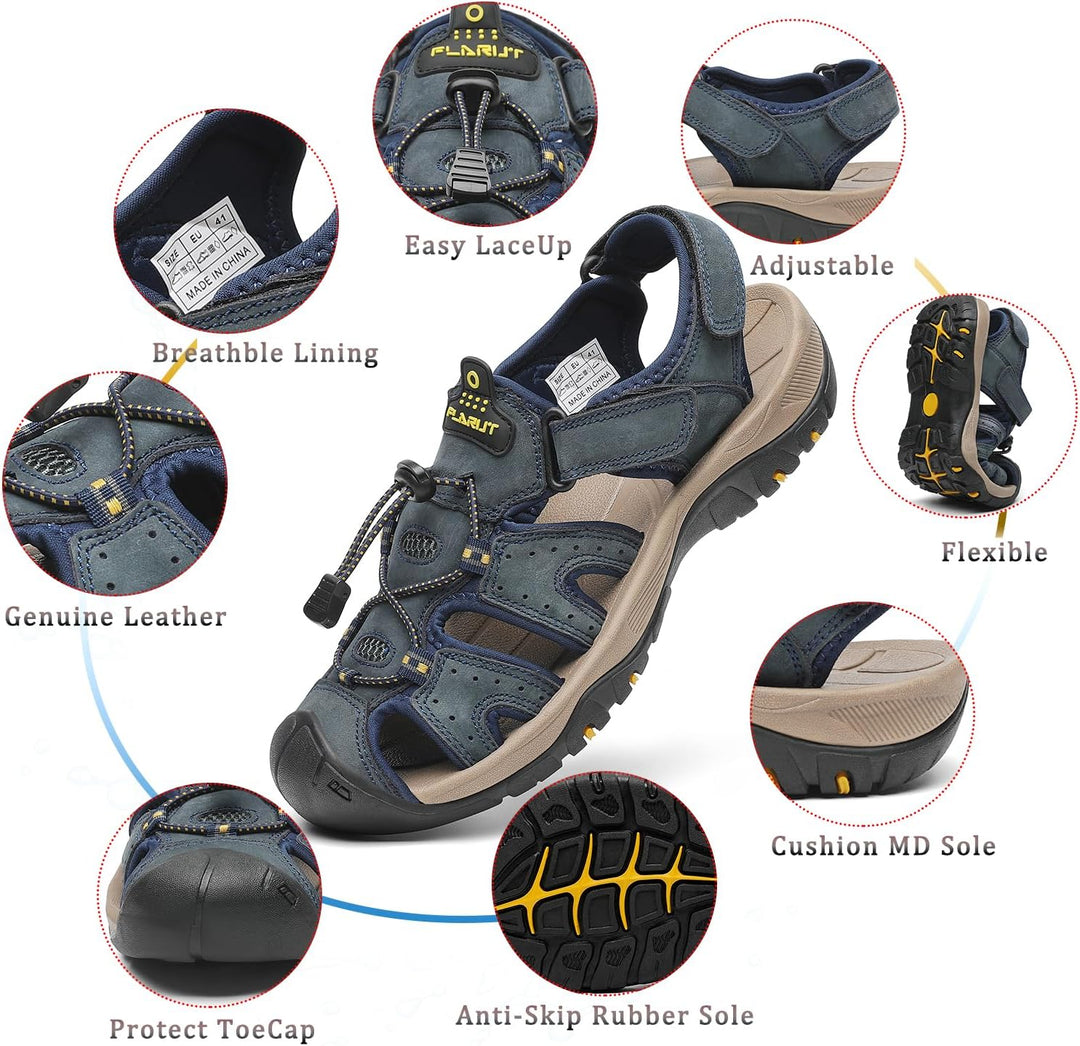 FLARUT Sandalen Herren Outdoorsandalen Trekkingsandalen Wander | Echtleder,Geschlossene Zehe,Rutschf