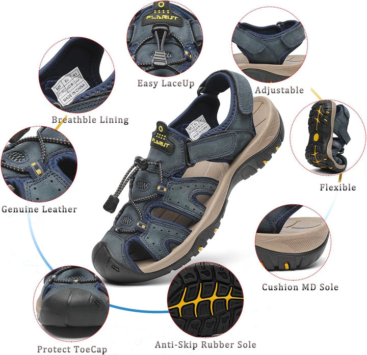 FLARUT Sandalen Herren Outdoorsandalen Trekkingsandalen Wander | Echtleder,Geschlossene Zehe,Rutschf