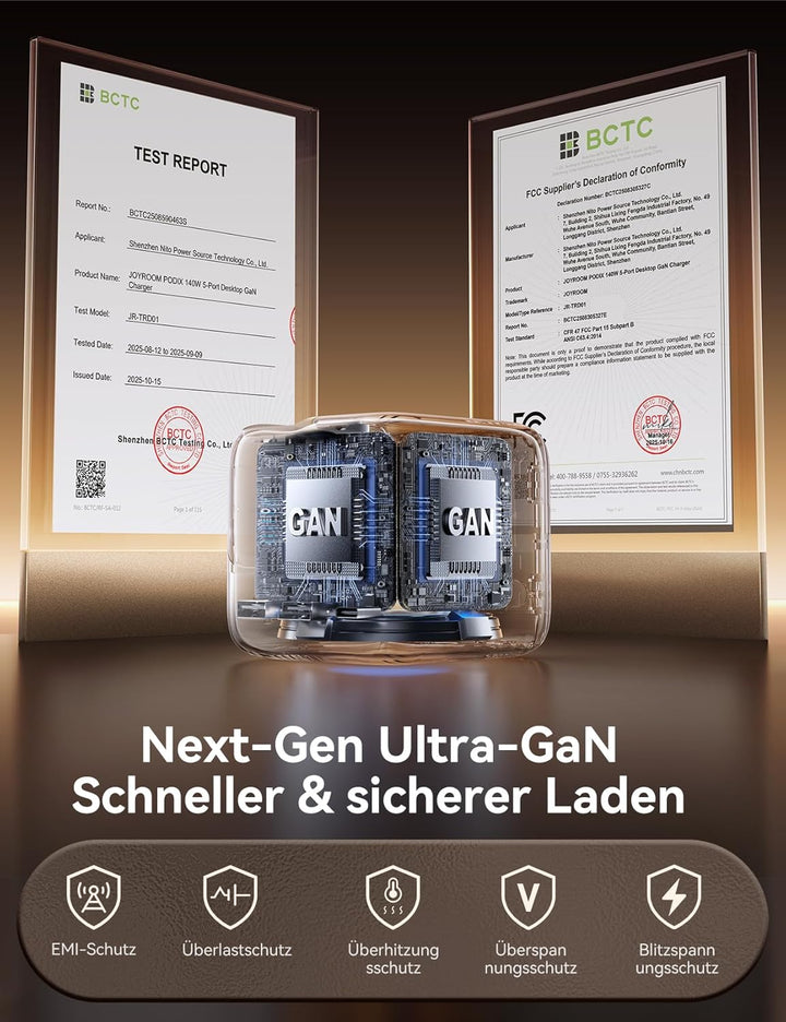 JOYROOM PODIX 140W 5‑in‑1 GaN Ultra Ladelstation, USB‑C Schnellladegerät mit 2 retraktablen 100W Kab