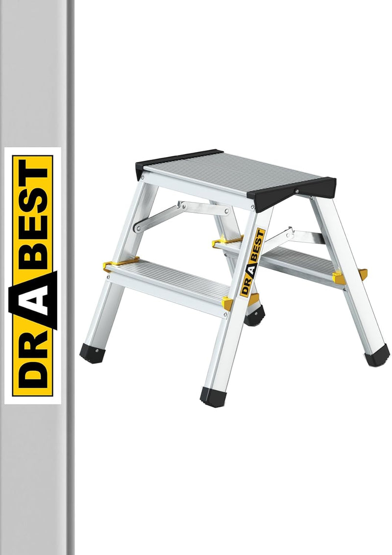 DRABEST Alu Leiter Klappbar 2 x 2 Stufen Zweiseitige Klappleiter Doppelstufenleiter max 150 kg TÜV Z