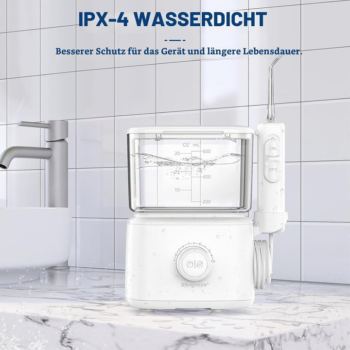 Sawgmore Munddusche, Elektrische Zahnzwischenraumreiniger mit 10 Einstellbaren Druckstufen, 600ml Fa