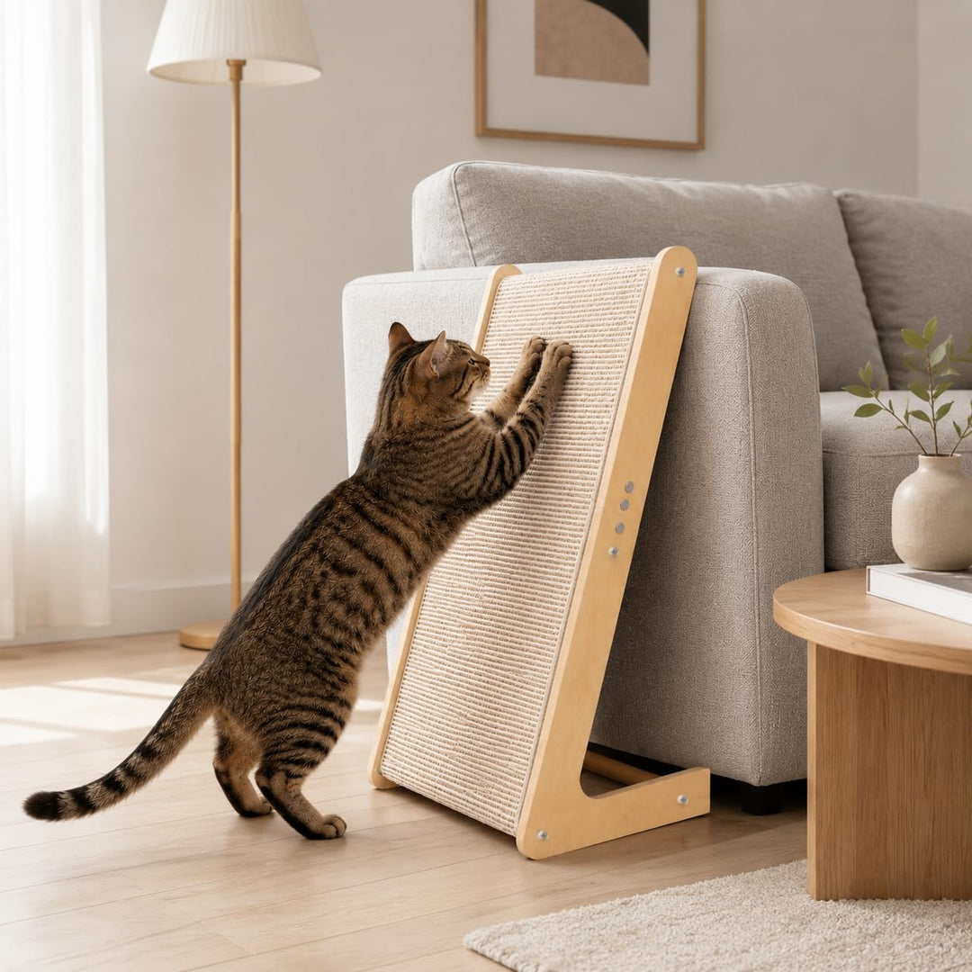 Kratzbrett Katze, 65 cm Hohe L-förmiger Dual-Use Sisal Kratzpadsfür Katzen, Kratzsäule aus Massivhol