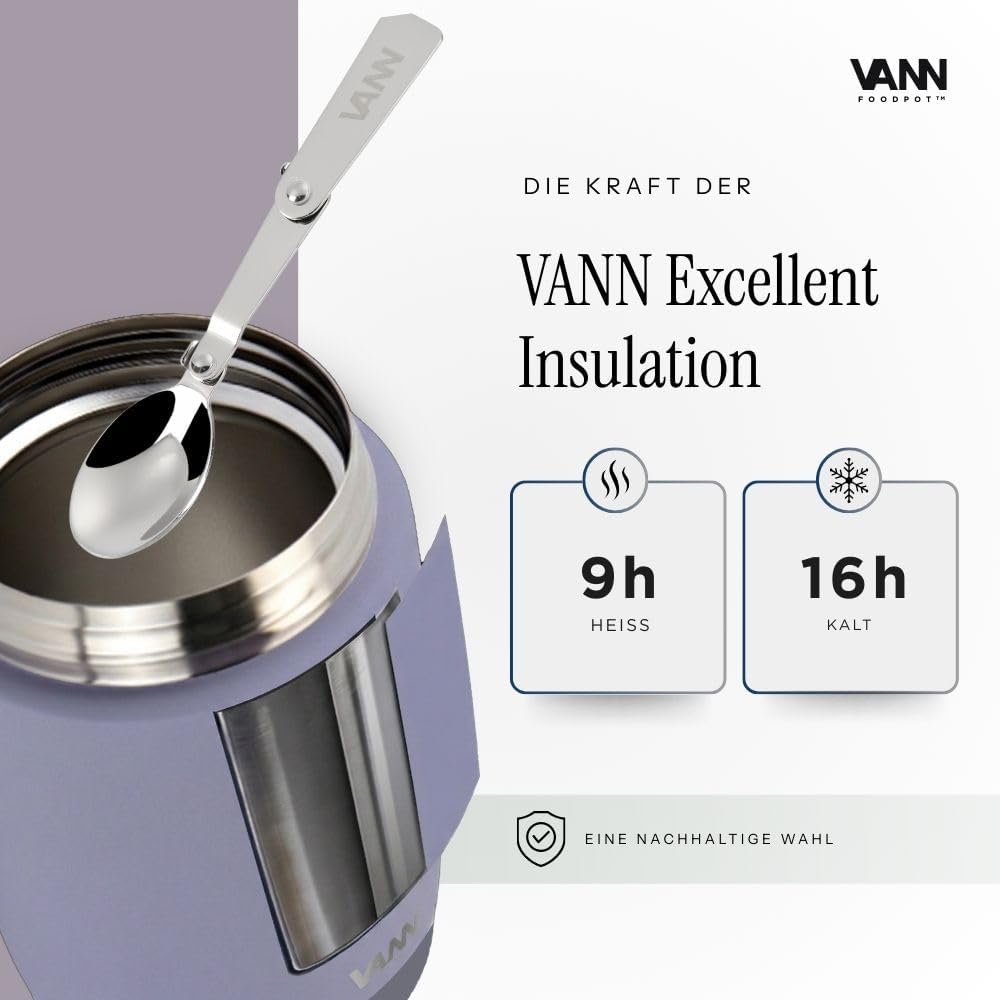 VANN Thermobecher für Essen 450 ml – Thermobehälter [16h kalt, 9h warm] – Recycelte Edelstahl Thermo