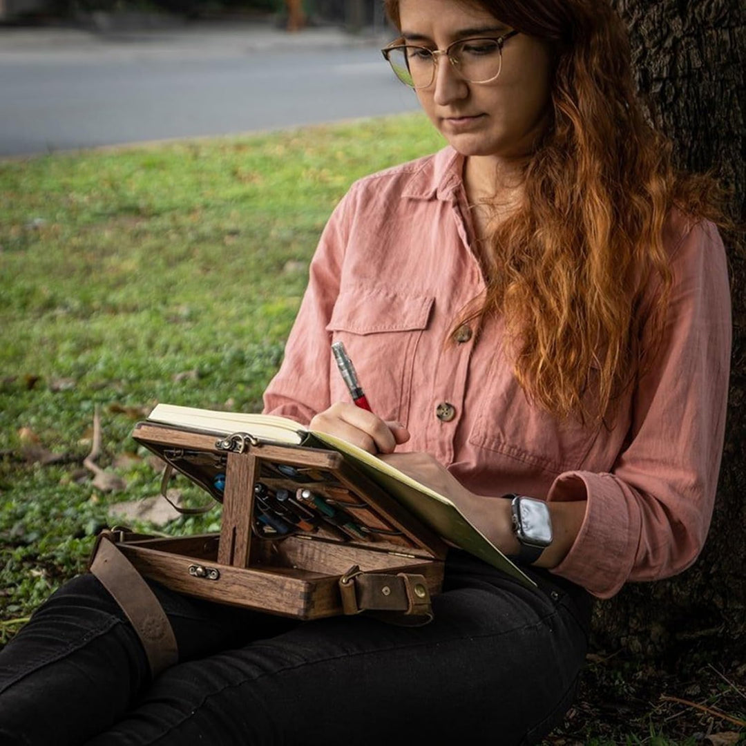 Writers Messenger Wood Box, A5 Artist Tool and Brush Storage Box, Walnut Wooden Shoulder Bag, Multip
