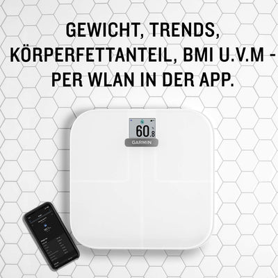 Garmin Index S2 Smart Waage – misst das Gewicht, Gewichtstrend, Körperfettanteil, Muskelmasse, BMI.