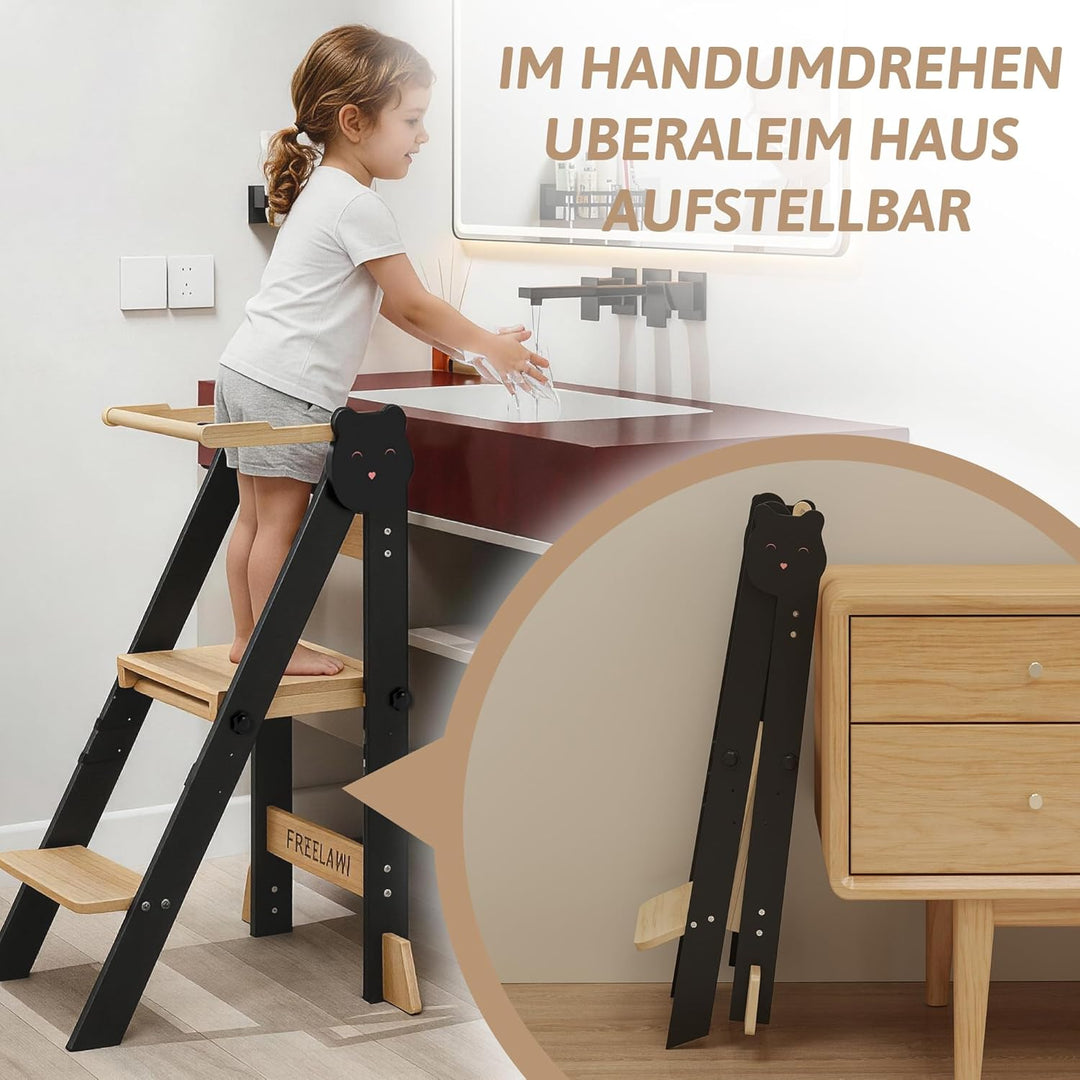 Lernturm Klappbar & 3-Fach Höhenverstellbar - Kippsicherer Learning Tower aus Kiefernholz - Mitwachs