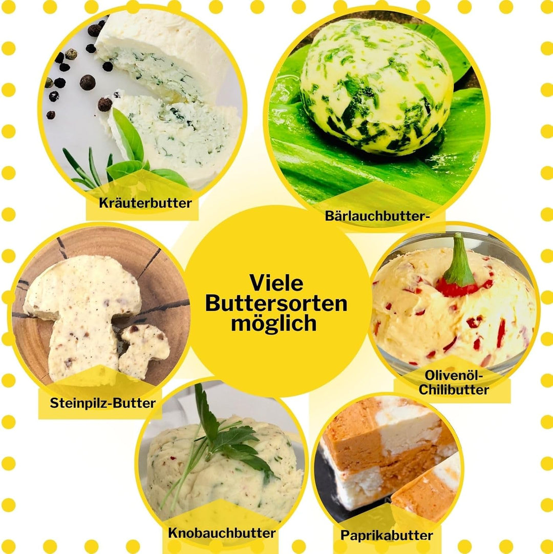 Butter Machen im patentierten Butter-Shaker. 200 ml Sahne ergeben 75g Butter + 125 ml Buttermilch. E