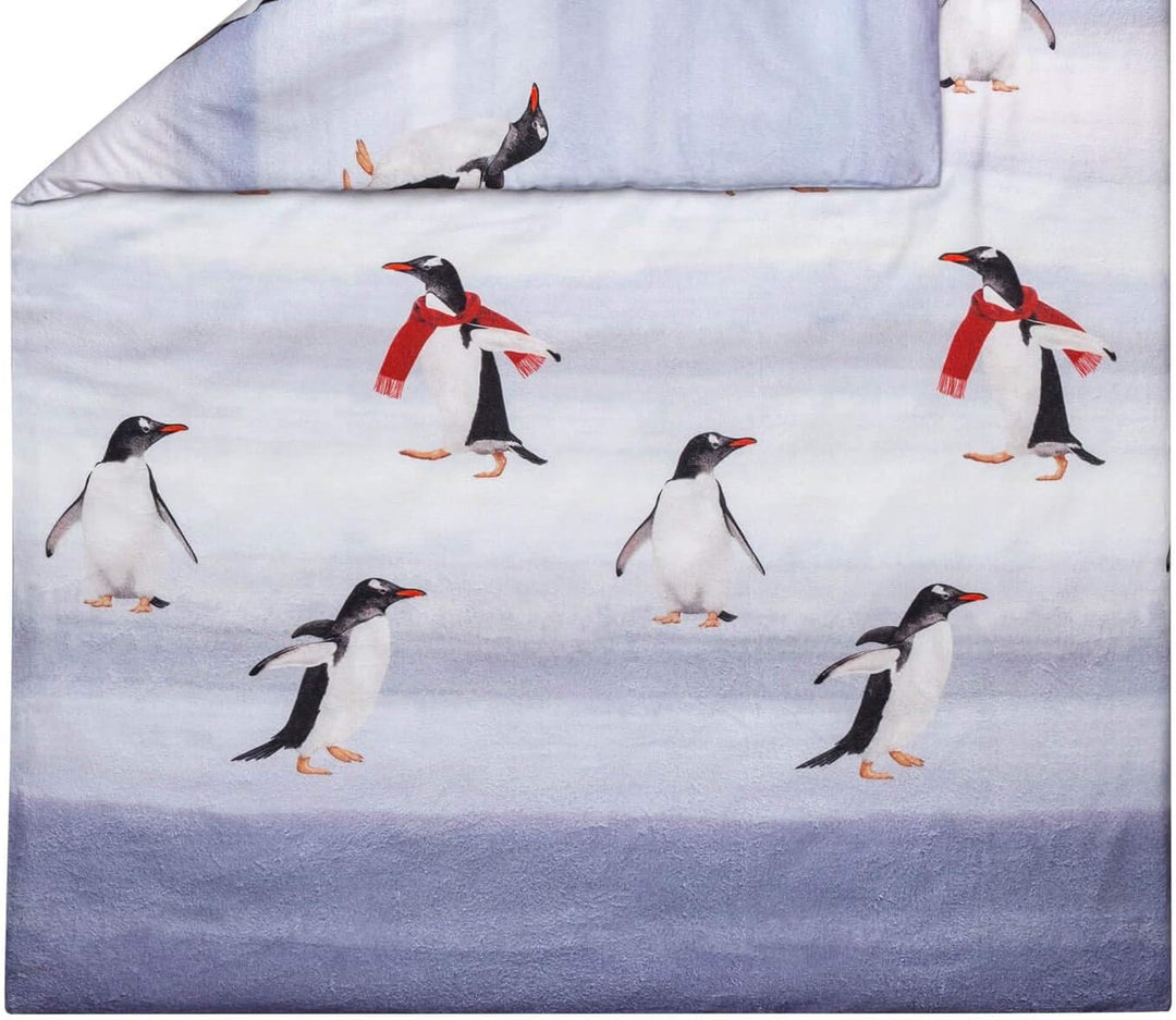 ESTELLA Kuschelflanell Bettwäsche Pingu Silber 1 Bettbezug 200 x 220 cm + 2 Kissenbezüge 80 x 80 cm,