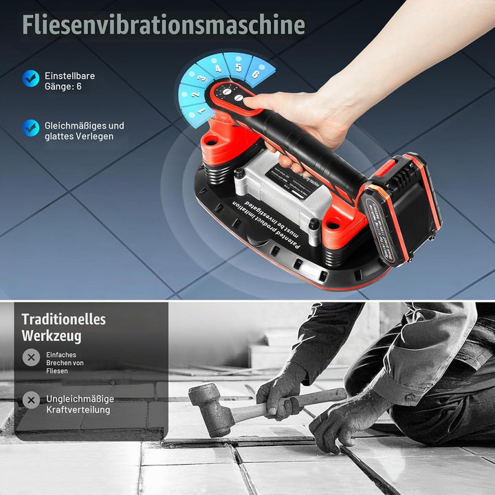 21V Fliesen Vibrationsgerät mit 2 Akkus 6 Gänge Profi Elektro Rüttler 13000 U/min 280mm Saugnapf für