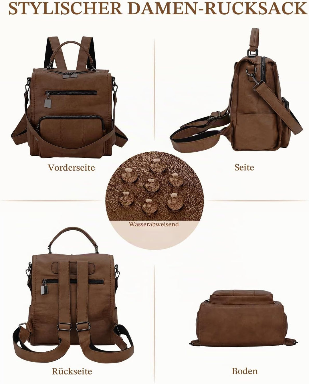 RAVUO Damen Rucksack,PU Leder Rucksack Mode Rucksäcke Rucksackhandtaschen Schulrucksäcke Reise Daypa