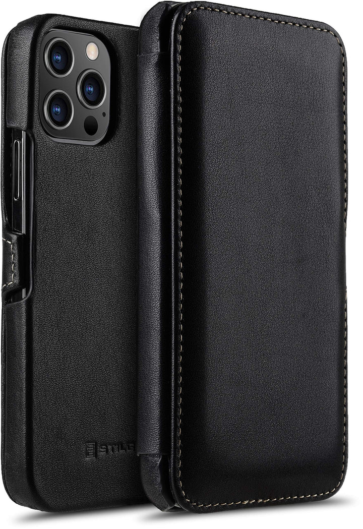 STILGUT Book Case kompatibel mit iPhone 12 Pro Max (6.7“) Hülle aus Leder mit Clip-Verschluss, Klapp