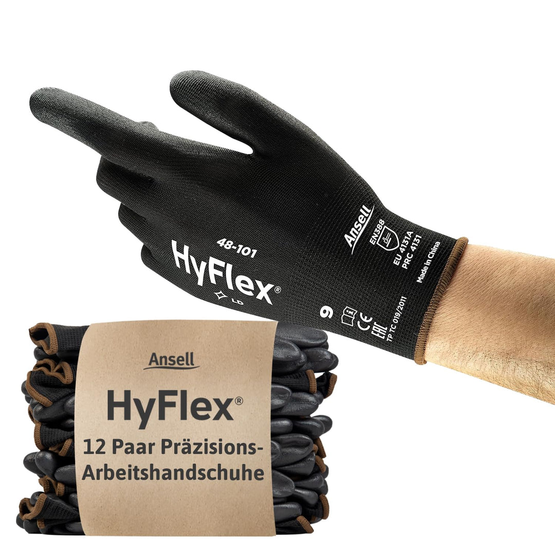 Ansell HyFlex 48-101 Dünne Arbeitshandschuhe mit PU Beschichtung, Leichte Schutzhandschuhe für Präzi