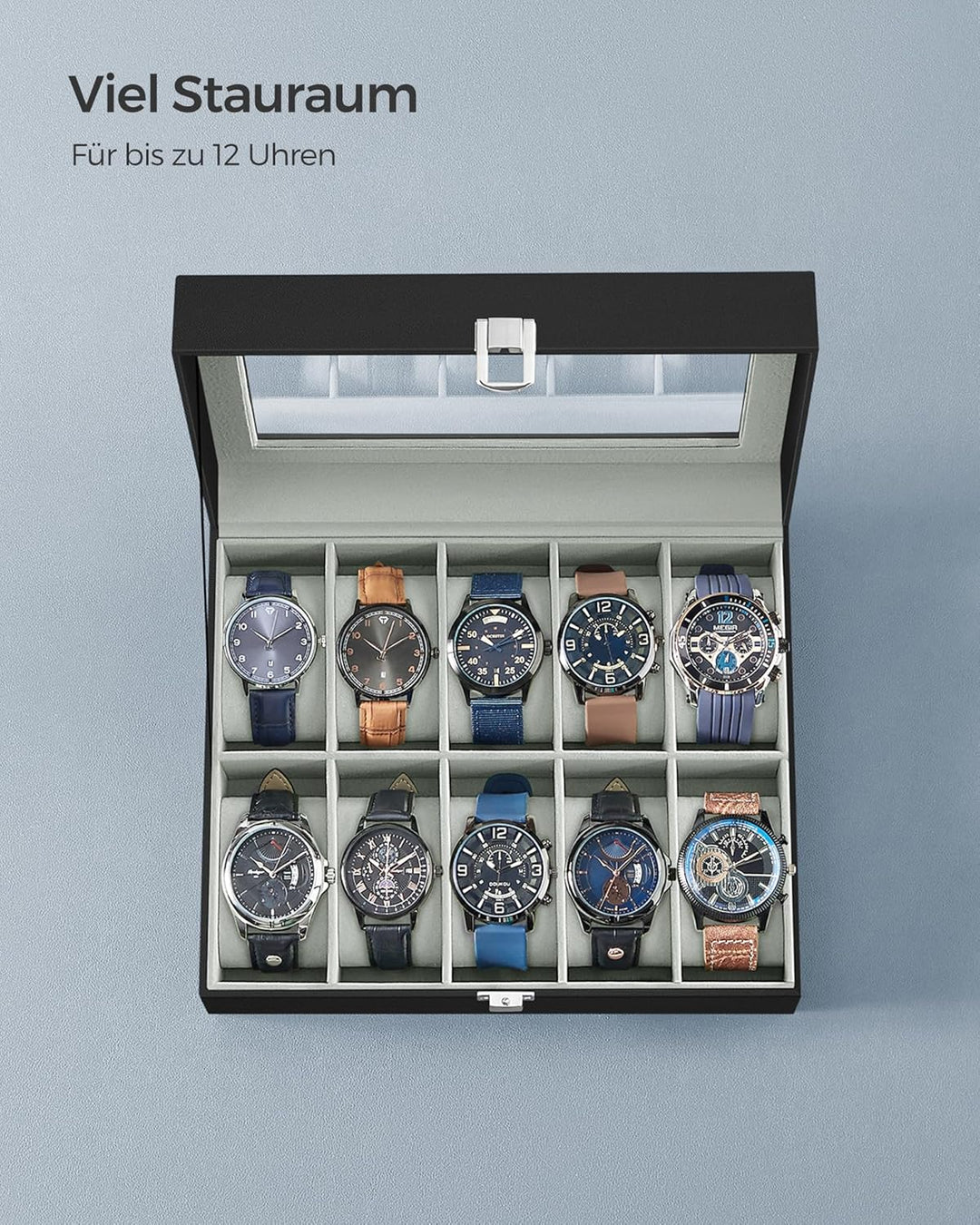 SONGMICS Uhrenbox mit 10 Fächern, Uhrenkasten mit Glasdeckel, Uhrenkoffer mit Herausnehmbaren Uhrenk