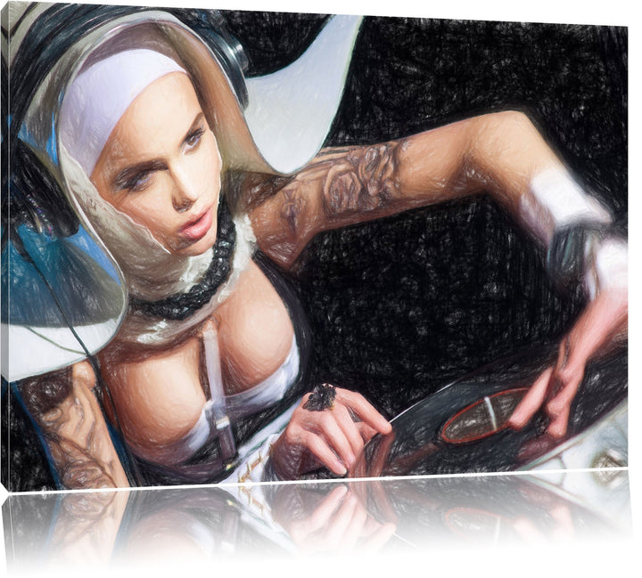 Pixxprint Tätowierte DJ Frau als Leinwandbild/Grösse: 100x70 cm/Wandbild/Kunstdruck/fertig bespannt,