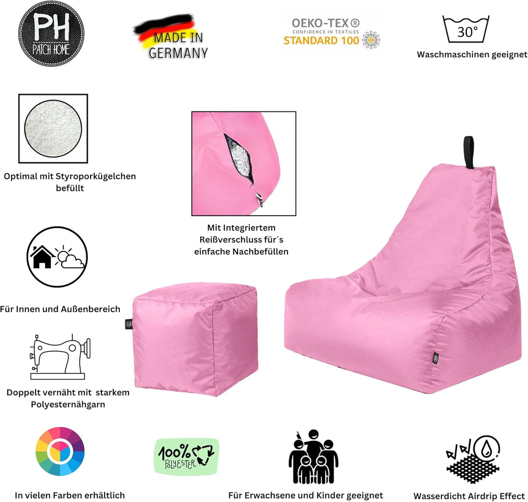 PATCH HOME Sitzsack Lounge Sessel + Würfel/Hocker mit Reissverschluss Gamer Sitzkissen fertig mit St