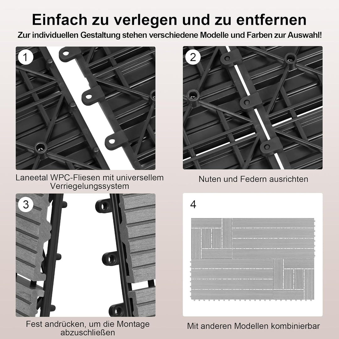 Laneetal 22 Stück WPC Fliesen Terrassenfliesen Klickfliesen Zuschneidbar, Balkon Bodenbelag mit Stec