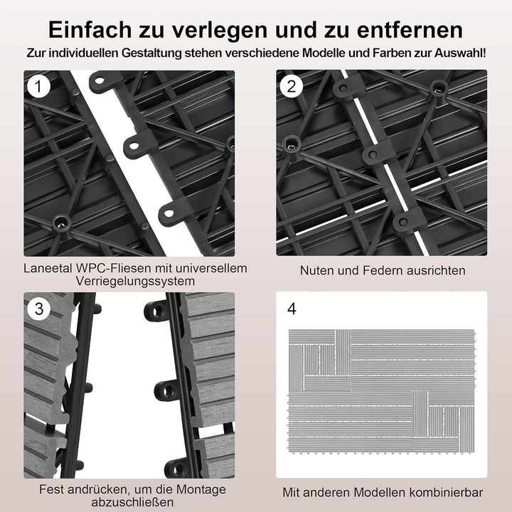 Laneetal 22 Stück WPC Fliesen Terrassenfliesen Klickfliesen Zuschneidbar, Balkon Bodenbelag mit Stec