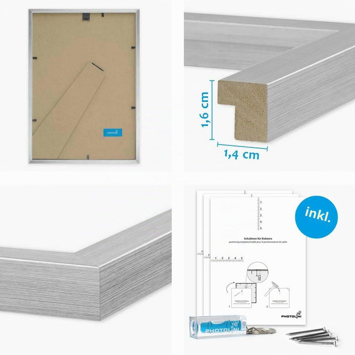 PHOTOLINI silberne Bilderrahmen Set verschiedene Grössen, 14 Bilderrahmen Silber Holz MDF, Bilder Ra