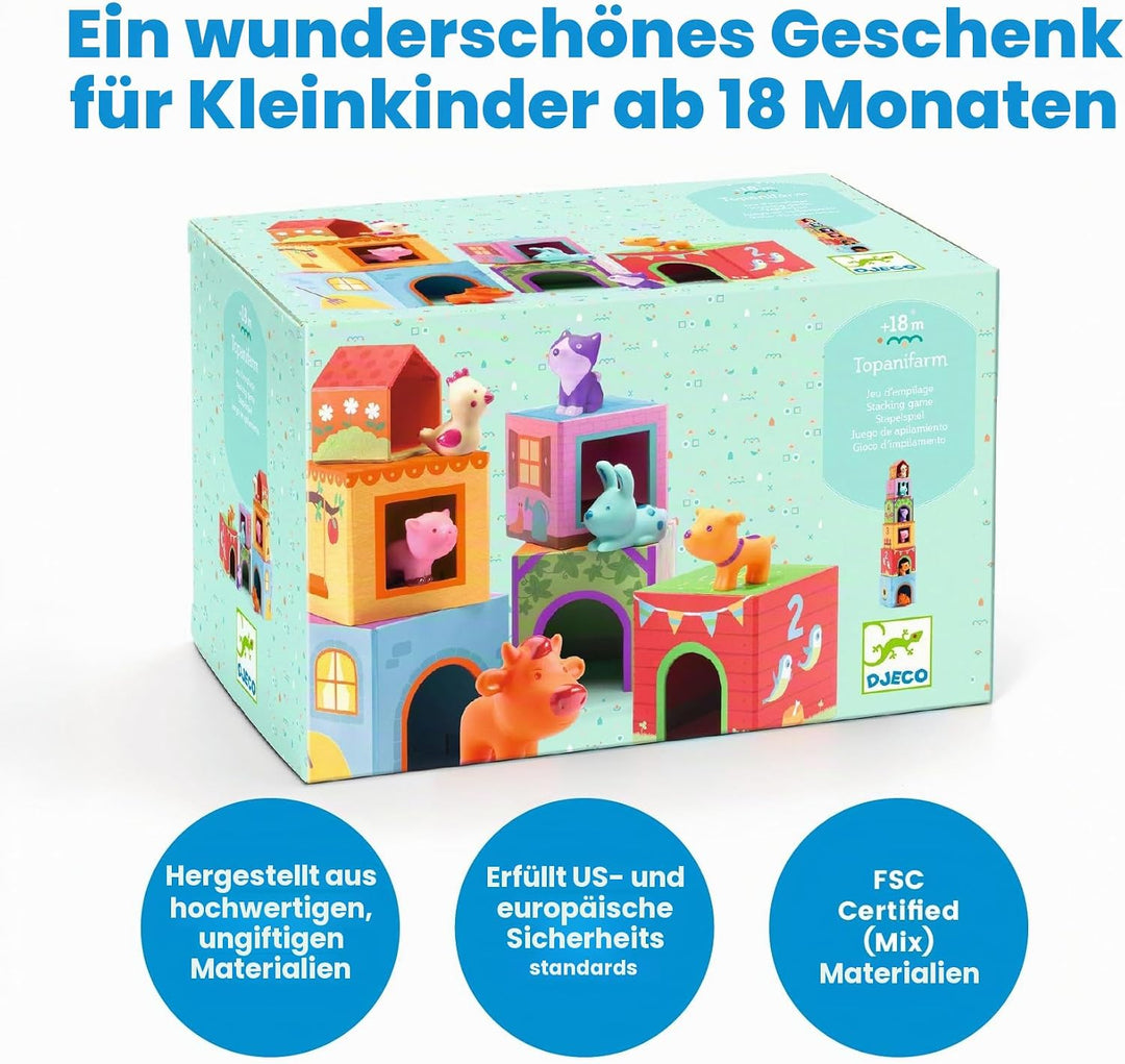 Djeco DJE-108 23482 Stapelspielzeug Stapelwürfel: Topanifarm, 18M+ Mehrfarbig, Mehrfarbig