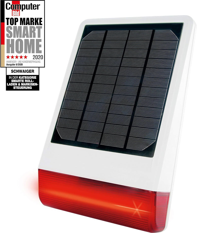 SCHWAIGER -ZHS14- Aussensirene/ Sirene solarbetrieben/ Alarmsirene mit blinkenden LEDs/ Alarmanlage/