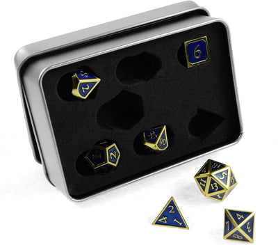 shibby 7 polyedrische Metall-Würfel für Rollen- und Tabletopspiele in Steampunk Gold-blau-Optik inkl