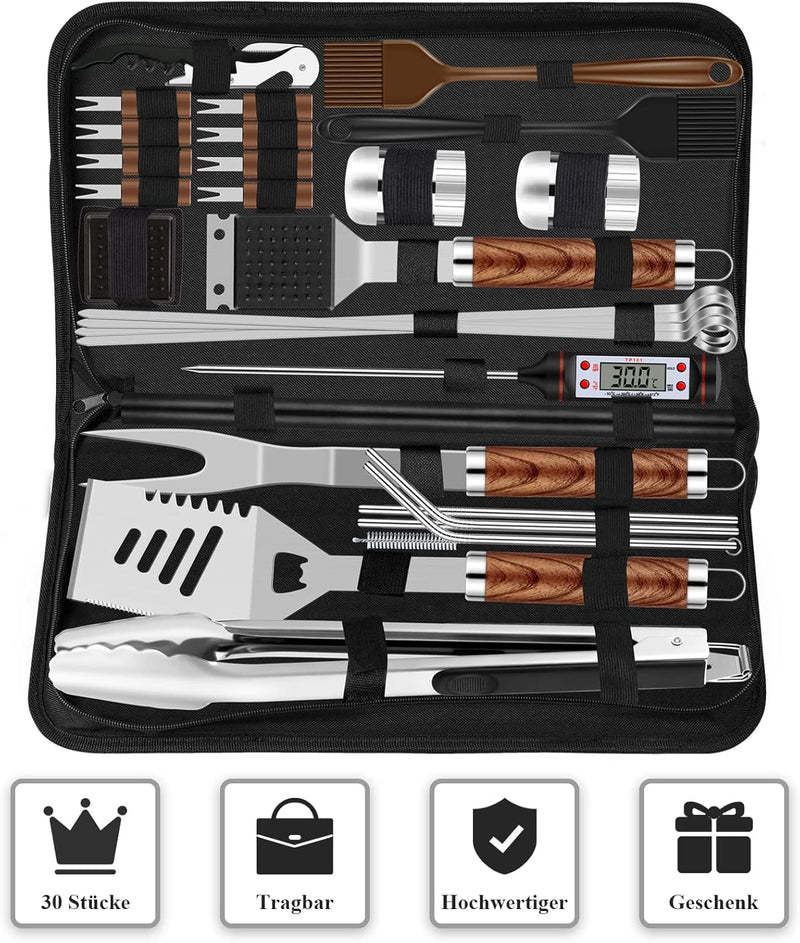 Grilliance BBQ Grillbesteck Set 30 Grillzubehör aus Hochwertiger Edelstahl Grillzange Grillspachtel