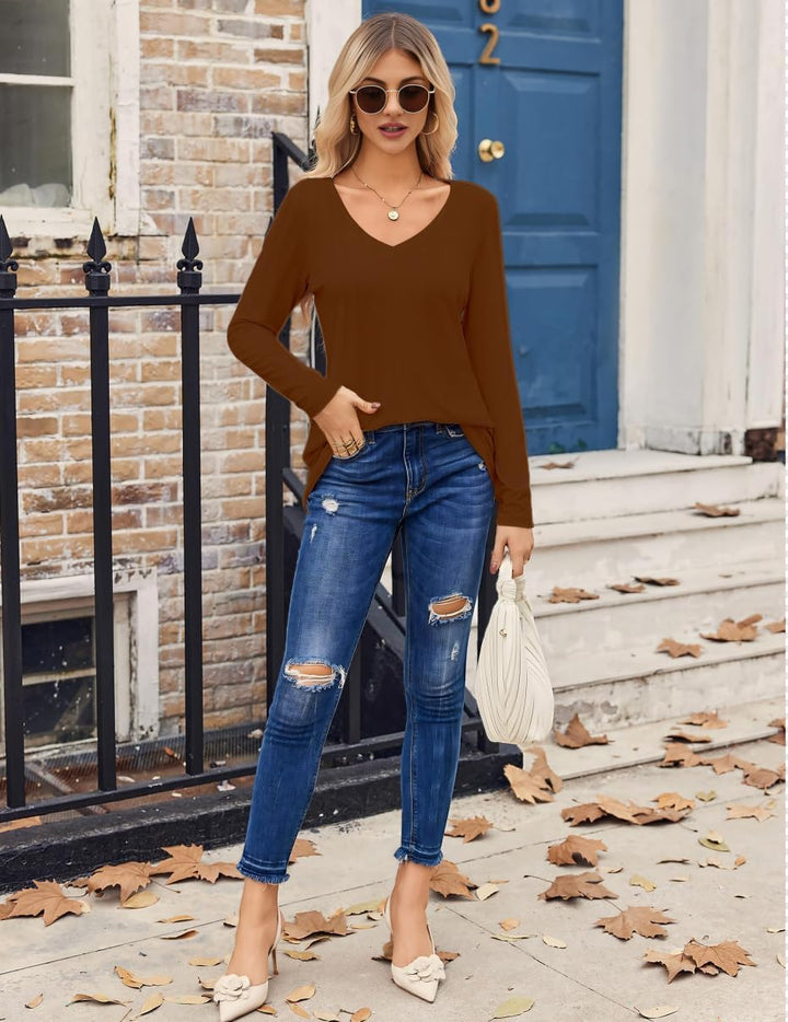 Chicrise Langarmshirt Damen V Ausschnitt Langarm Pullover Basic Eng Ribbed Oberteile, S