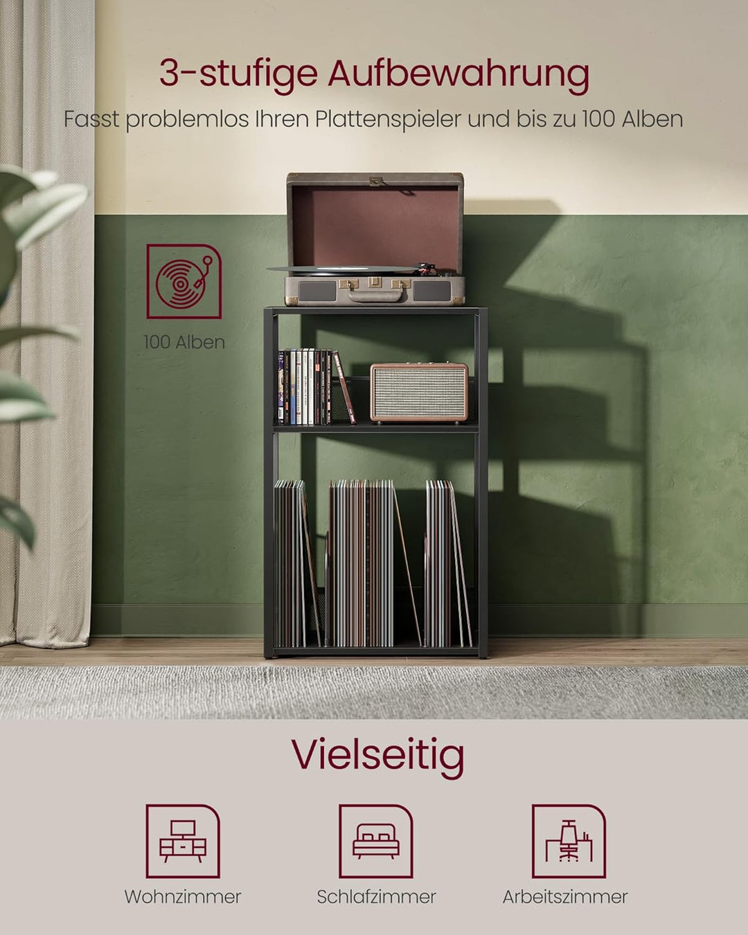 VASAGLE Plattenspieler-Ständer, 3 Etagen, Beistelltisch, Aufbewahrung von Schallplatten, bis zu 100