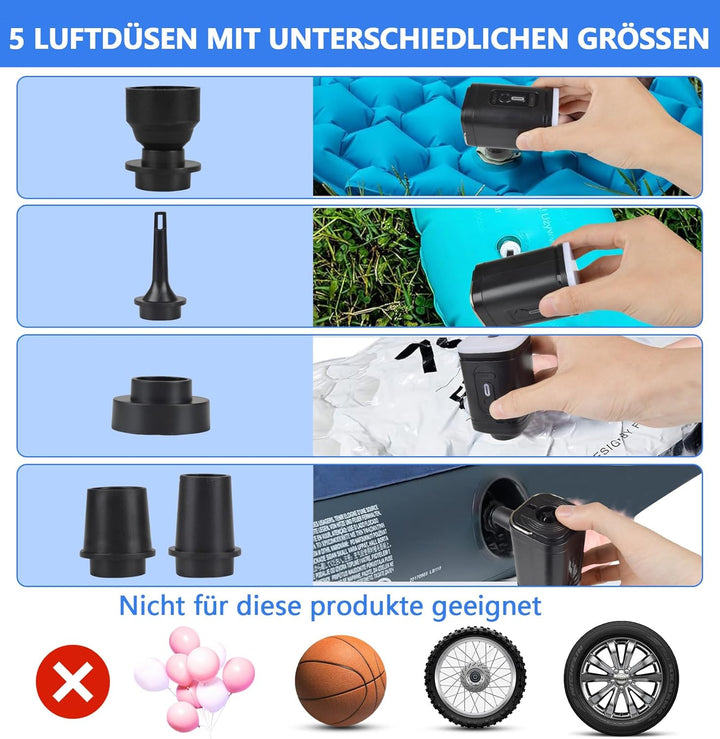 Elektrische Luftpumpe für Luftmatratze, Klein Luftpumpe Luftmatratze Pumpe mit 5 Düsen, Tragbare Ele