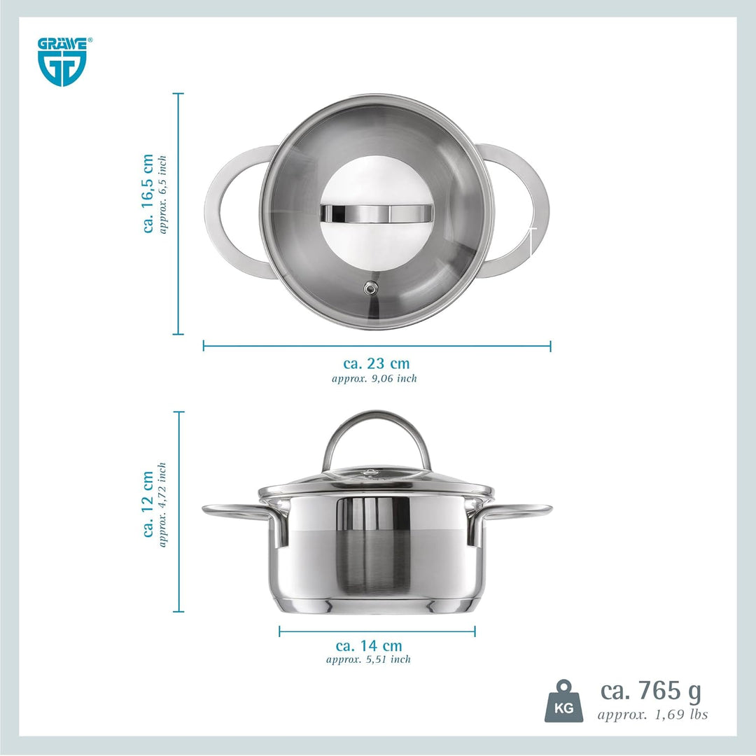 GRÄWE Kochtopf inkl. Glasdeckel, 750 ml, Spülmaschinengeeignet, Topf für Induktion, klein, Edelstahl