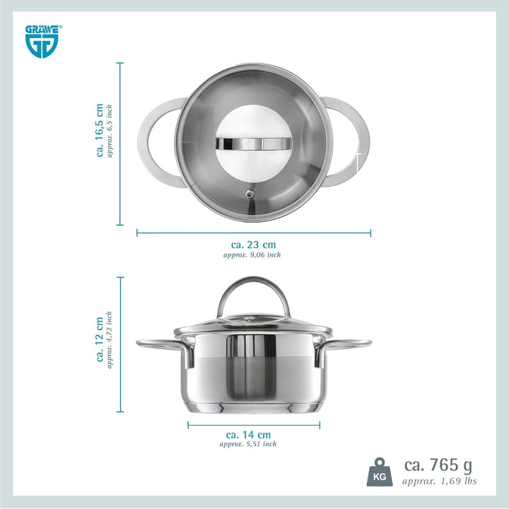 GRÄWE Kochtopf inkl. Glasdeckel, 750 ml, Spülmaschinengeeignet, Topf für Induktion, klein, Edelstahl
