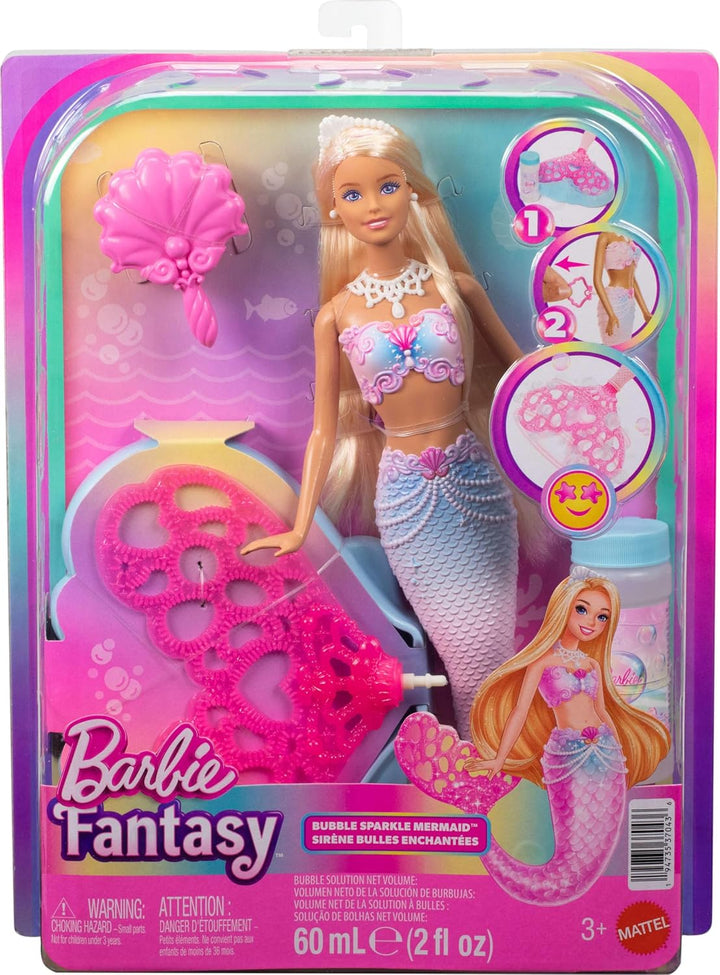 Barbie Bubble Sparkle Meerjungfrau-Puppe mit Seifenblasenfläschchen und -lösung, Tablett und Bürste,