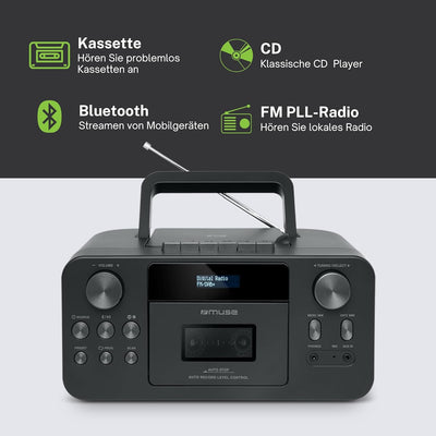 MUSE Tragbares DAB+ Radio mit Bluetooth CD-Player, Kassettenspieler, UKW, Kopfhörer-Eingang, AUX-In,