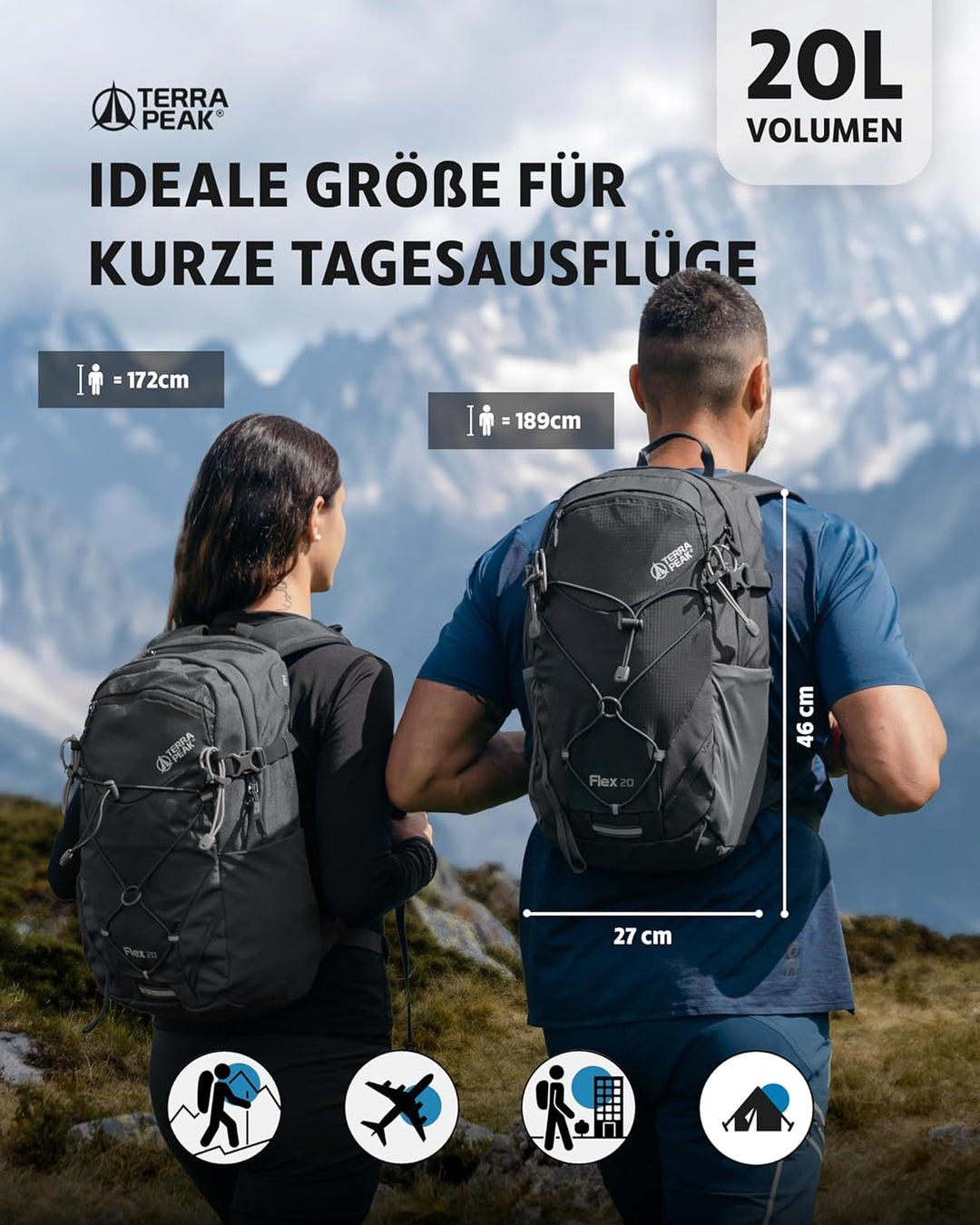 Terra Peak® Premium Wanderrucksack 20L (FLEX 20) klein mit Rückenbelüftung, Regenschutz & Trinksyste