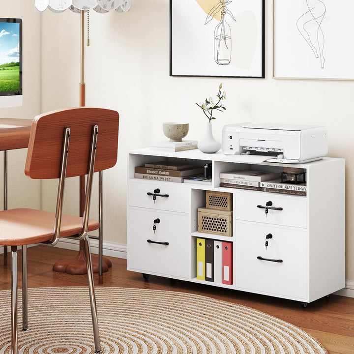 COSTWAY Rollcontainer mit 4 Schubladen, mobiler Aktenschrank abschliessbar mit verstellbarem Regal &