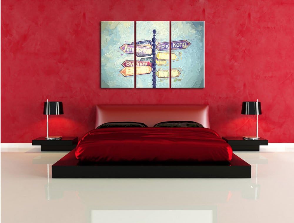 Pixxprint Städte Wegweiser Kunst als Leinwandbild | Grösse: 3 Teilig (120x80) | Wandbild| Kunstdruck